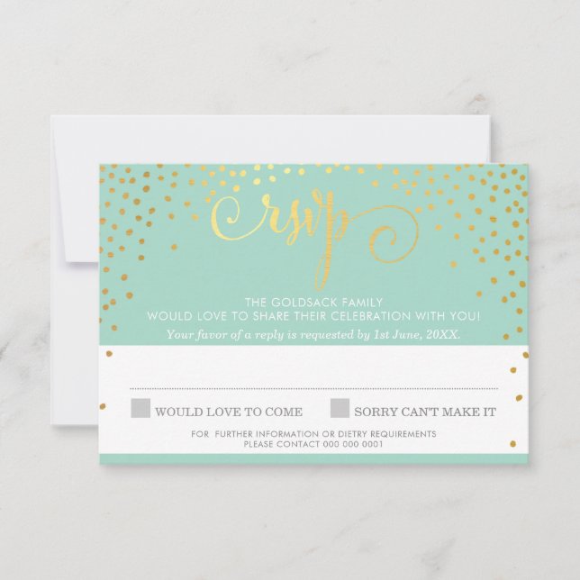 RSVP REPLY RESPONSE rustic gold mini confetti mint (Front)