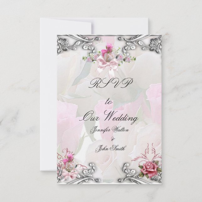 RSVP Reply Response Wedding Pink Rose Silver White (Front)
