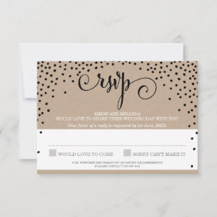 RSVP REPLY stylish rustic black confetti kraft Card