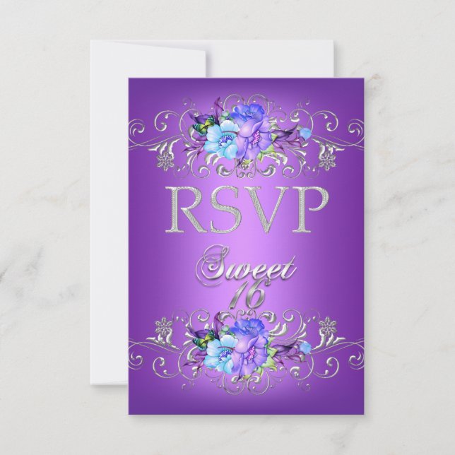 RSVP Reply Sweet 16 Sixteen White Purple Flowers (Front)