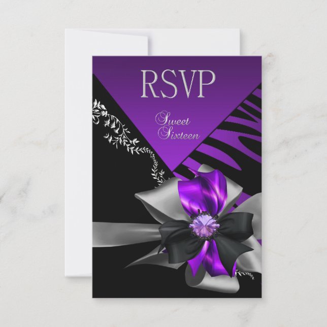 RSVP Reply Sweet 16 Zebra Purple Black Silver Card (Front)