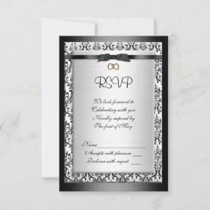 Rsvp response card black and white Damask