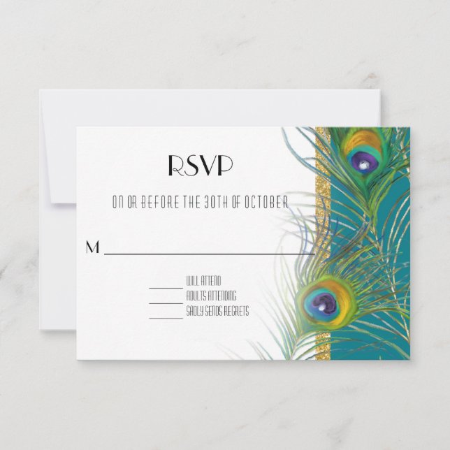 RSVP Response Card Peacock Feathers Art Deco Style (Front)