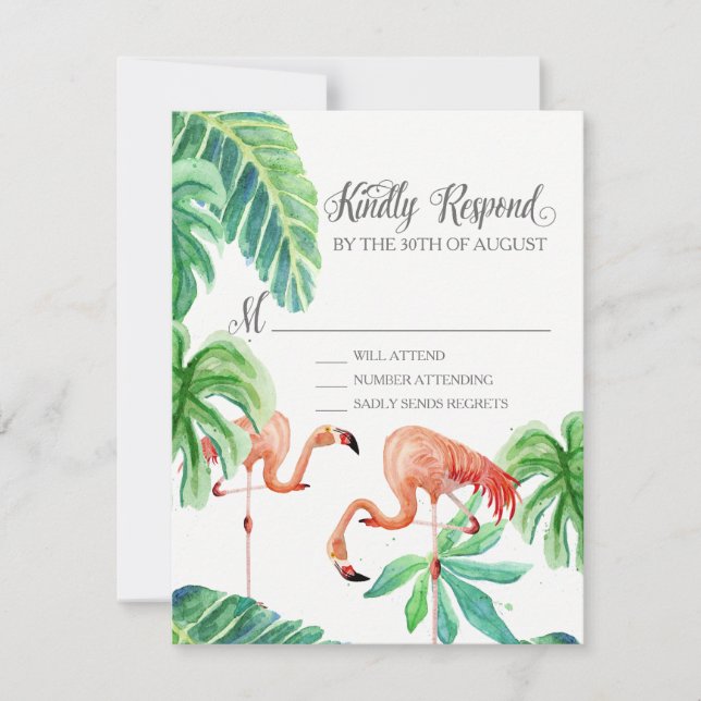 RSVP Response Flamingo Beach Ocean Tropical Leaves (Front)
