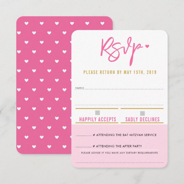 RSVP RETURN cute pretty pink white hearts gold Card (Front/Back)