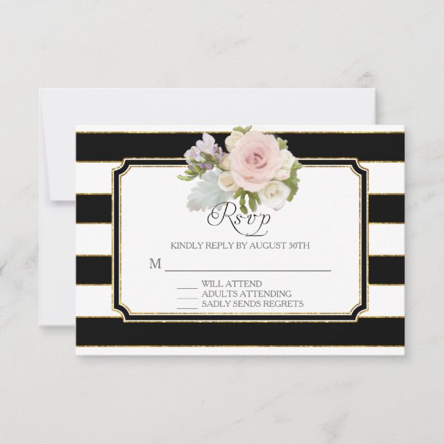 RSVP Rose Floral Modern Elegant Black White Stripe Card (Front)