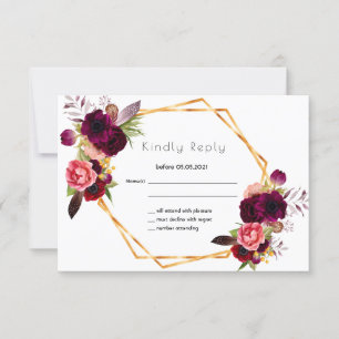 RSVP rose gold wedding flowers burgundy white Card
