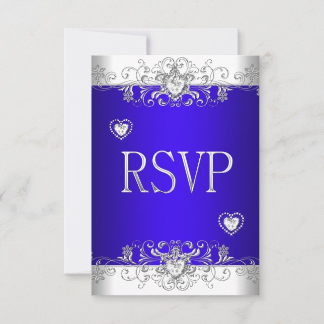 RSVP Royal blue Wedding White Diamond Hearts Card (Front)