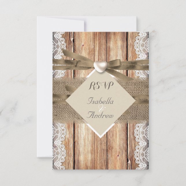 RSVP Rustic Wedding Brown White Lace Wood Burlap Card (Front)