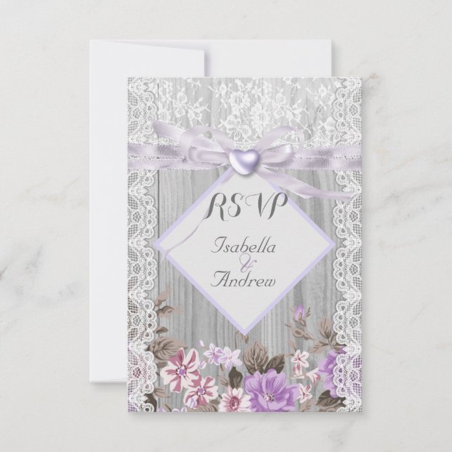 RSVP Rustic Wood Floral Wedding Lavender Lace Invitation (Front)