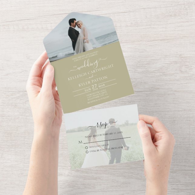 RSVP Sage vert tout en un Faire-part de mariage (Déchirure)