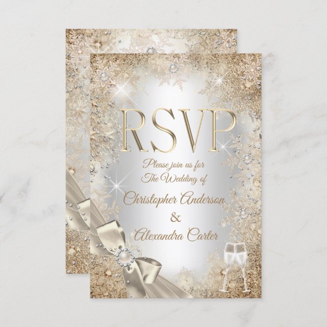 RSVP Silver Beige Cream Pearl Bow Snowflake Invitation (Front/Back)