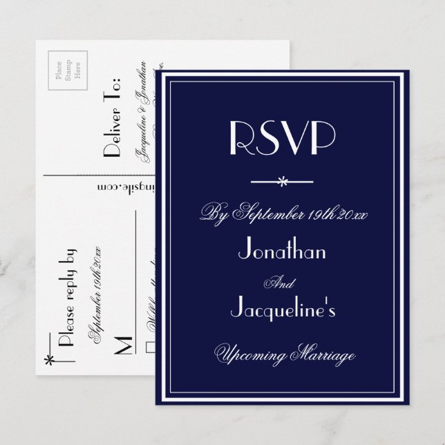 RSVP Simple Elegant Navy Blue Wedding RSVP Reply Invitation Postcard (Front/Back)