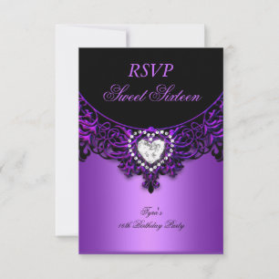 RSVP Sweet Sixteen 16 Birthday Party Purple Black Card