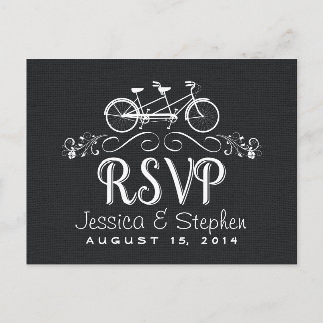 RSVP Tandem Bicycle for Two Black Burlap Reply Invitation Postcard (Front)