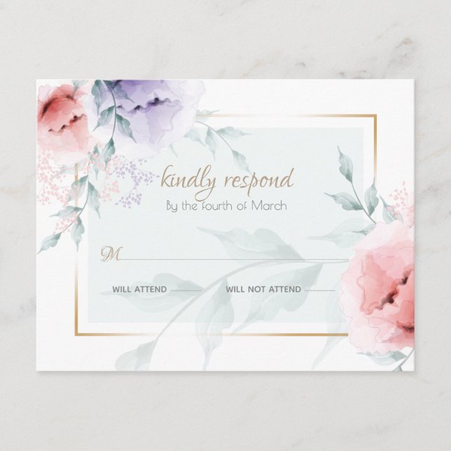 RSVP | Trendy Coral & Lilac Aquarelle Peonies Enclosure Card (Front)