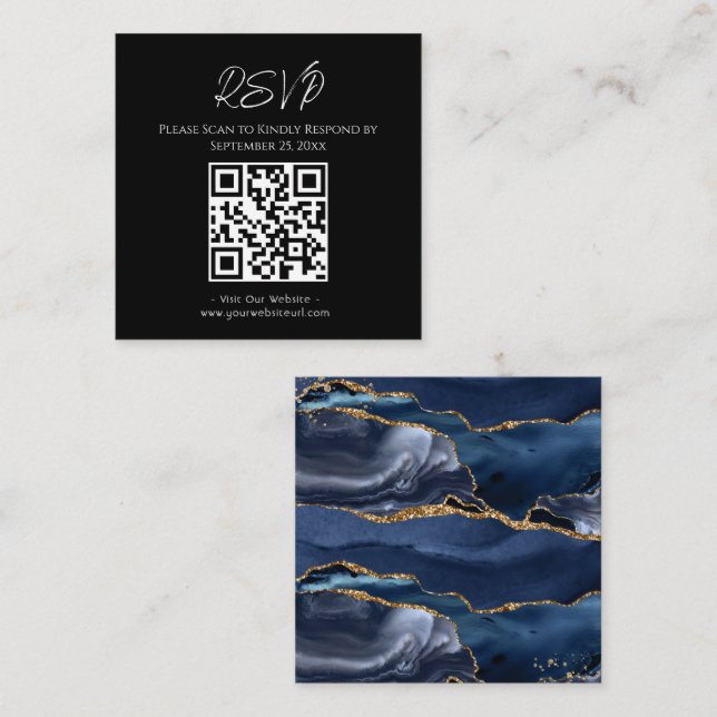 RSVP Website Blue Agate Gold Glitter Wedding Square Business Card (Front/Back)