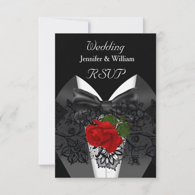 RSVP Wedding Black White Tuxedo Deep RED Rose Card (Front)