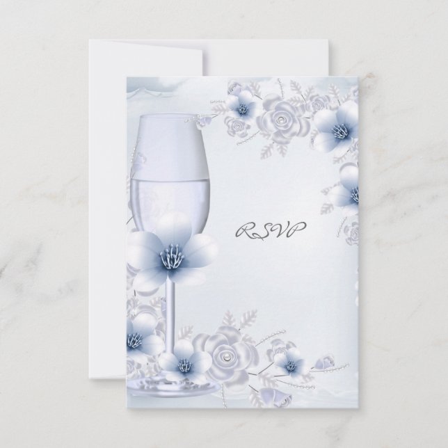 RSVP Wedding Blossoms Rose Floral Blue Silver Card (Front)