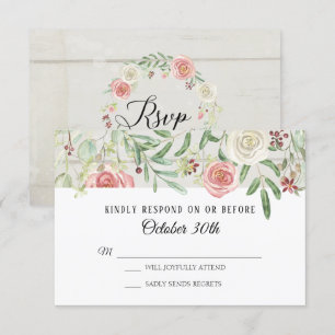RSVP Wedding Blush Ivory Rose Rustic Wooden Plank Invitation