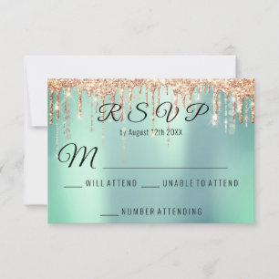 RSVP Wedding Bridal Rose Gold Drip Coral Mint Aqua Card