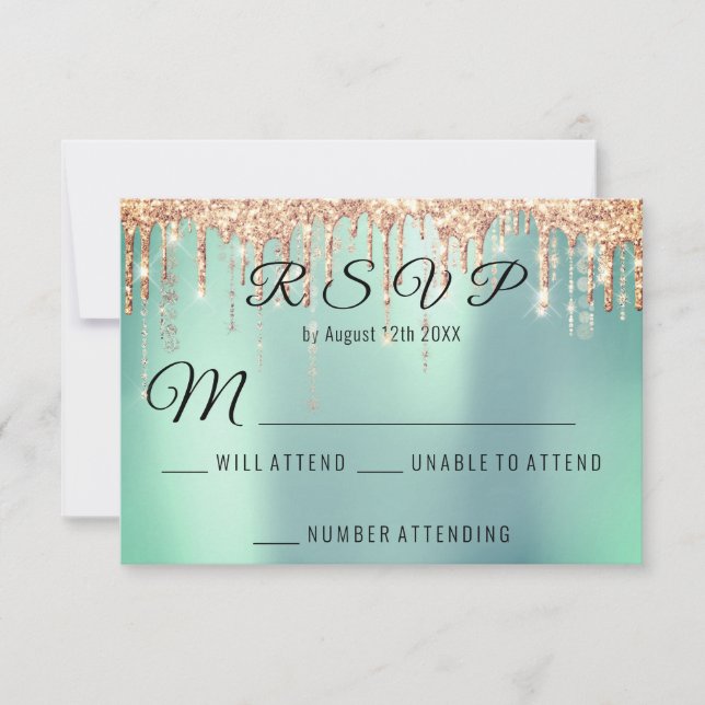RSVP Wedding Bridal Rose Gold Drip Coral Mint Aqua Card (Front)
