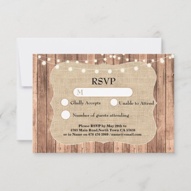 RSVP Wedding Burlap Wood Light Cards Invites (Front)
