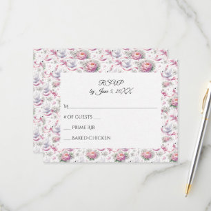 RSVP Wedding Doves with Pink Peonies and Ribbons Card