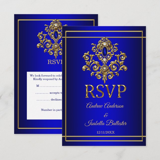 RSVP Wedding Elegant Royal Blue Gold Jewel 2 Invitation (Front/Back)
