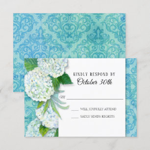 RSVP Wedding Floral Hydrangeas Aqua Damask Pattern Invitation