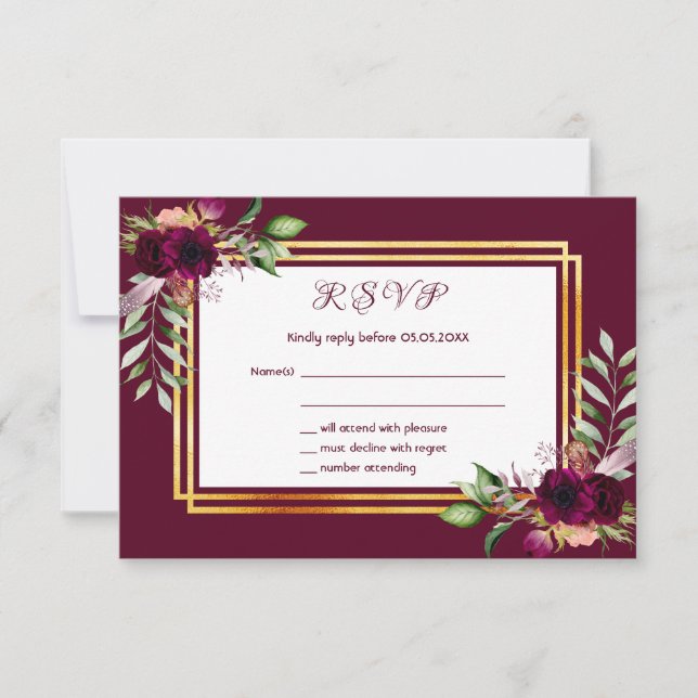 RSVP wedding florals burgundy boho Card (Front)