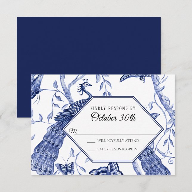RSVP Wedding Navy Chinoiserie Peacock Butterflies Invitation (Front/Back)