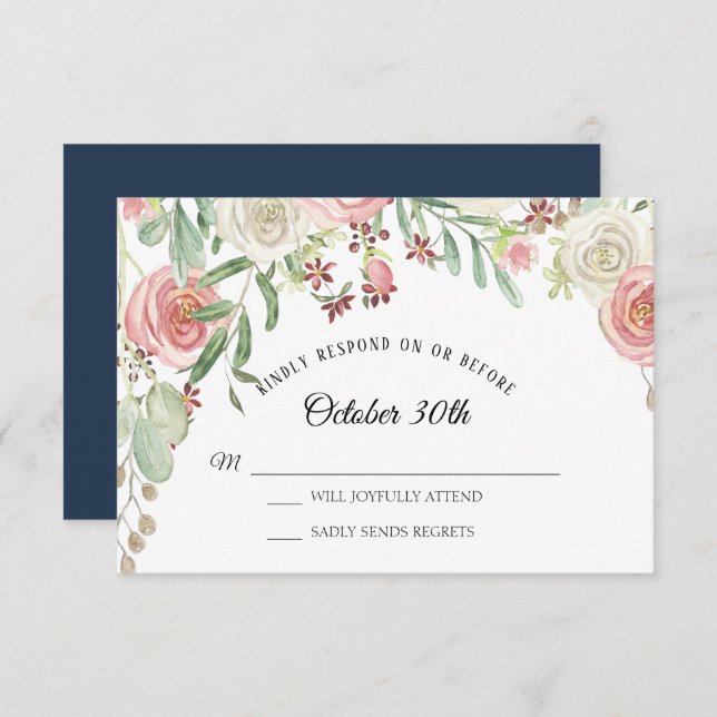 RSVP Wedding Navy Pale Blush Ivory Roses Floral Invitation (Front/Back)