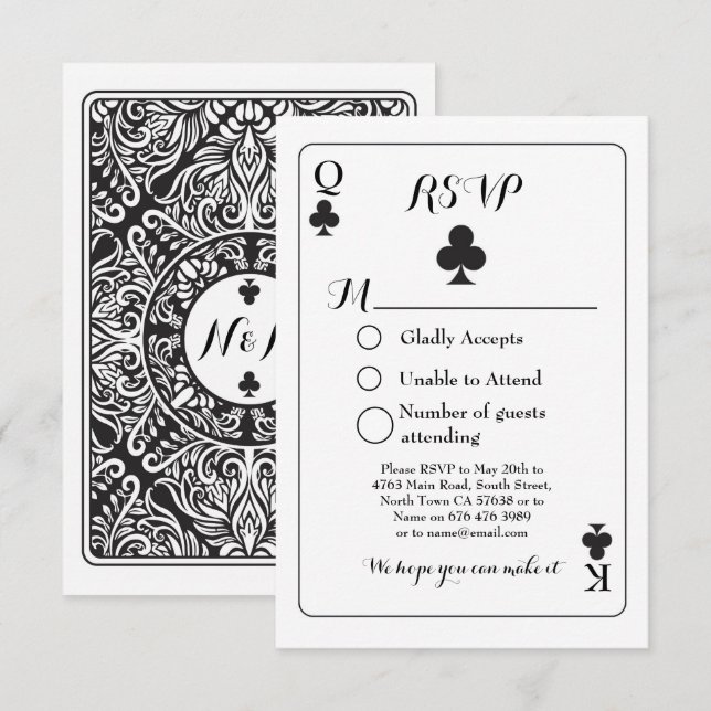 RSVP Wedding Playing Respond Card K Q Ace Clubs (Front/Back)