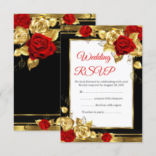 RSVP Wedding Red Gold Roses Black Gold Photo Card