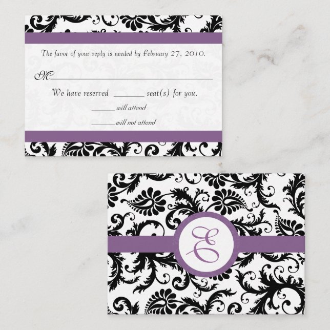 RSVP Wedding Response Card Purple  Black Damask (Front/Back)