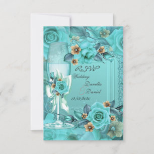 RSVP Wedding Teal Blue Beige Roses Flowers 3 Card