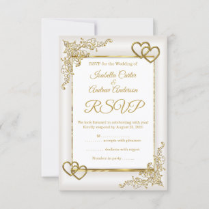 RSVP Wedding Vintage Cream White Gold Hearts Card