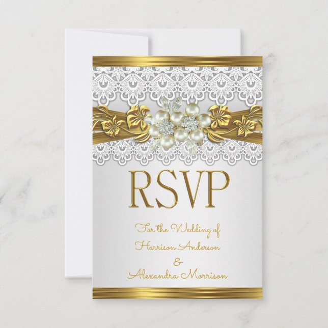RSVP Wedding White Pearl Gold Lace Floral  Invitation (Front)