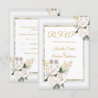 RSVP Wedding White Rose Floral Champagne Gold Card
