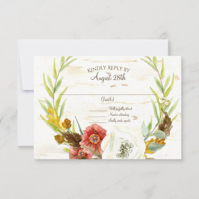 RSVP Wedding Wreath Boho Feather Birch Bark Leaves Card (Front)