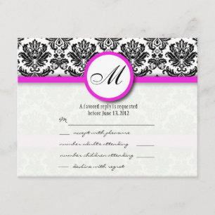 RSVP with Black and Hot Pink Damask Monogram Card