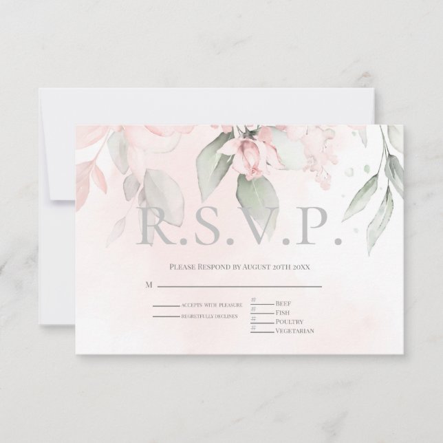 RSVP with Menu Choice Blush Pink Cottage Roses (Front)