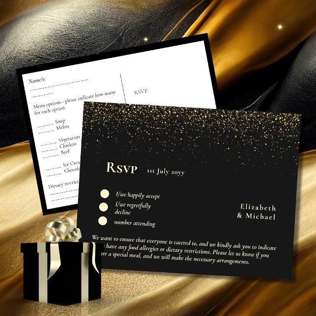 RSVP with Menu Template | Black Gold  Postcard (Creator Uploaded)
