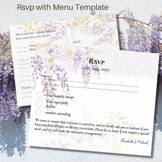 RSVP with Menu Template Purple Wisteria Floral Postcard (Creator Uploaded)