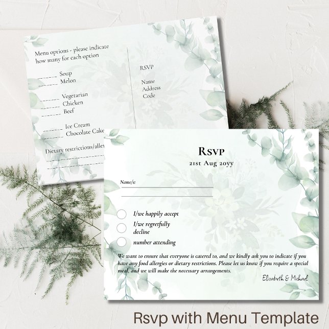 RSVP with Menu Template Rustic Eucalyptus Leaves Postcard (Creator Uploaded)