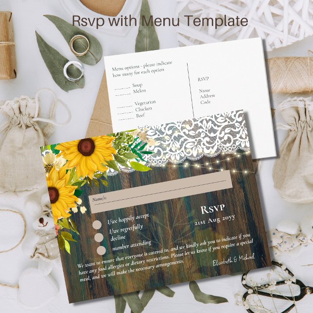 RSVP with Menu Template Rustic Sunflowers Lace Postcard (Creator Uploaded)