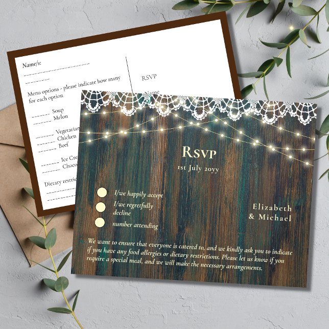 RSVP with Menu Template | Rustic Wood Gold Lights Postcard (Creator Uploaded)