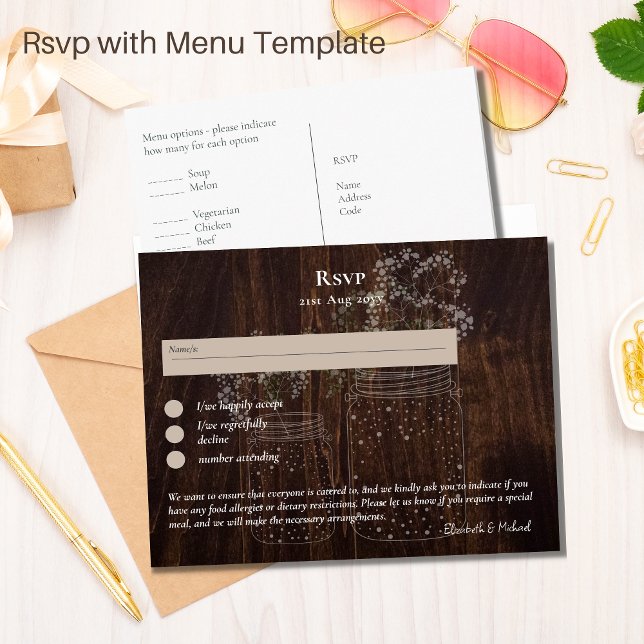 RSVP with Menu Template Rustic Wood Mason Jars Postcard (Creator Uploaded)