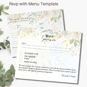 RSVP with Menu Template White Roses Greenery Postcard